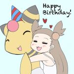  &lt;3 1:1 2022 ampharos anthro birthday birthday_hat blush blush_lines brown_hair duo embrace english_text eyes_closed female flat_colors gym_leader hair happy hi_res hug human jasmine_(pok&eacute;mon) male mammal nintendo open_mouth pok&eacute;mon pok&eacute;mon_(species) saeko_art striped_body stripes text video_games yellow_body 