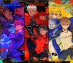  3girls 4boys ahoge archer_(fate) armor armored_dress artoria_pendragon_(fate) bangs bazett_fraga_mcremitz black_hair blonde_hair blue_bodysuit blue_eyes blue_hair bodysuit brown_eyes brown_hair cu_chulainn_(fate) cu_chulainn_(fate/stay_night) dark_skin denim earrings emiya_shirou english_text fate/hollow_ataraxia fate/stay_night fate_(series) formal gloves grey_eyes highres jeans jewelry kotomine_kirei looking_at_viewer mole mole_under_eye multiple_boys multiple_girls okra_ecory open_mouth orange_hair pants ponytail purple_eyes purple_hair raglan_sleeves red_eyes saber serious shaded_face shirt skirt smile spiked_hair suit tohsaka_rin upper_body white_hair yellow_eyes 