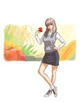  1girl :t absurdres apple bangs black_skirt breasts brown_eyes brown_footwear brown_hair collared_shirt commentary crossed_ankles earting food fruit fruit_background full_body grey_vest hand_on_hip hand_up highres holding holding_food holding_fruit long_hair long_sleeves looking_at_viewer low-tied_long_hair luts medium_breasts medium_skirt original pencil_skirt shirt shoes skirt sneakers socks solo standing sweater_vest twintails vest white_background white_legwear white_shirt 