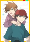  2boys :d alternate_costume bangs blue_oak border brown_eyes brown_hair closed_mouth green_eyes green_shirt hat highres hood hood_down hoodie long_sleeves looking_at_viewer male_focus multiple_boys norisukep open_mouth pokemon pokemon_(game) pokemon_frlg purple_hoodie red_(pokemon) red_headwear shirt short_hair short_sleeves smile sparkle t-shirt tongue v 