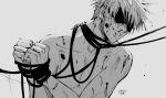  1boy bdsm blindfold blood bondage bound bound_wrists clenched_hands collarbone commentary cuts english_commentary gojou_satoru highres injury jujutsu_kaisen male_focus masochism pectorals saucybrtt short_hair smile smirk solo topless_male 
