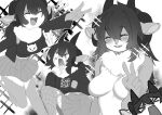  4_horns anthro black_hair bottomwear bovid caprine clothing dakota_(kaggy1) devil_horns_(gesture) eyes_closed female gesture hair hi_res horn jacket mammal monochrome multi_horn multiple_poses neck_tuft niniidawns open_mouth pose sheep shirt skirt smile solo tongue tongue_out topwear tuft v_sign 