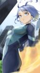  1girl absurdres ass belly blue_eyes blue_hair boku_no_hero_academia breasts building energy fengling_(furin-jp) groin hadou_nejire highres large_breasts looking_at_viewer looking_to_the_side pants shirt short_hair sky skyscraper solo sunlight tight tight_pants tight_shirt uniform 