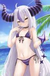  1girl absurdres ahoge bangs bikini blush breasts demon_girl demon_horns fang fang_out highres hololive horns la+_darknesss long_hair looking_at_viewer multicolored_hair navel nyarome_(nyaromeart) skin_fang small_breasts smile solo streaked_hair striped striped_bikini striped_horns swimsuit two-tone_hair very_long_hair virtual_youtuber yellow_eyes 