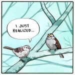  1:1 ambiguous_gender avian beady_eyes beak bird border branch dialogue duo falseknees feathers feral nature nature_background speech_bubble talking_feral talking_to_another text white_border wings 