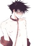  1boy absurdres black_hair blush chain chain_leash clenched_teeth closed_eyes collar collarbone commentary english_commentary eyelashes full-face_blush fushiguro_megumi highres jujutsu_kaisen leash male_focus navel nipples ribs saucybrtt short_hair skinny solo spiked_hair stomach sweat teeth undressing upper_body white_background 