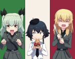  3girls :d anchovy_(girls_und_panzer) anzio_military_uniform anzio_school_uniform bangs beret black_hair black_headwear black_necktie black_ribbon black_shirt blonde_hair braid brown_eyes buchikaki carpaccio_(girls_und_panzer) closed_eyes commentary drill_hair eating eyebrows_visible_through_hair facing_viewer false_smile food girls_und_panzer green_hair hair_ribbon hat hayami_saori holding holding_food holding_knife italian_flag knife long_hair long_sleeves looking_at_another looking_at_viewer multiple_girls necktie parody pepperoni_(girls_und_panzer) ribbon riding_crop school_uniform shaded_face sheath shirt short_hair side_braid smile spy_x_family twin_drills twintails unsheathed upper_body voice_actor_connection weapon 