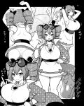  1girl arms_up ass blush breasts coat drill_hair eyewear_on_head greyscale highres himajin_noizu huge_breasts jewelry looking_at_viewer monochrome multiple_views necklace open_mouth sunglasses touhou twin_drills yorigami_jo&#039;on 