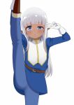  belt blue_bottomwear blue_clothing blue_eyes blue_topwear bottomwear brown_belt clothed clothing elf female fully_clothed gesture gloves grey_hair hair handwear hi_res humanoid humanoid_pointy_ears not_furry saki_(sakiatg) solo topwear v_sign white_clothing white_gloves white_handwear yellow_clothing young 