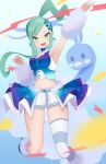 1girl :d altaria arm_up arm_warmers commentary_request earrings floating_hair green_eyes green_hair hair_ornament highres jewelry lisia_(pokemon) looking_at_viewer navel open_mouth pokemon pokemon_(creature) pokemon_(game) pokemon_oras shorts shorts_under_skirt showgirl_skirt single_thighhigh smile sparkle striped striped_legwear takahawk333 teeth thighhighs tongue upper_teeth v 