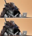  2022 3d_(artwork) anthro armor blaidd_(elden_ring) blender_(software) canid canine canis computer digital_media_(artwork) elden_ring fromsoftware hi_res human laptop layzuhcatz looking_at_viewer male mammal melee_weapon meme purple_eyes scar sword video_games weapon wolf 