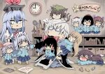  1boy 6+girls :3 ahoge animal_ears baseball_bat black_hair block blonde_hair blue_hair book bookshelf brown_hair bruise cat_ears cat_girl chen chibi clenched_teeth clock clothes_pull commentary_request crayon crying drawing glasses grin hakurei_reimu hat hidefu_kitayan highres himekaidou_hatate imaizumi_kagerou injury inubashiri_momiji izayoi_sakuya kamishirasawa_keine kindergarten kindergarten_uniform kirisame_marisa long_hair morichika_rinnosuke multiple_girls multiple_tails o_o on_floor on_head on_lap paper paper_airplane pose purple_hair racket remilia_scarlet shameimaru_aya short_hair sitting slit_pupils smile sweatdrop sword tail teeth tennis_racket touhou translation_request twintails two_tails weapon werewolf white_hair wings wolf_ears wolf_girl wolf_tail younger 