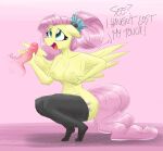 accessory anthro big_penis breasts clothing crouching cutie_mark dialogue ears_down english_text equid equine female fluttershy_(mlp) flutterthrash friendship_is_magic genitals hair hair_accessory hair_tie hand_on_hip happy hi_res horse implied_oral legwear male male/female mammal my_little_pony nipples offscreen_character pegasus penis pink_background pink_hair pink_tail pivoted_ears pony ponytail raised_wings simple_background smile solo stockings text wings 