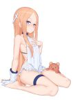  1girl abigail_williams_(fate) blonde_hair blue_eyes breasts cross_hair_ornament fate/grand_order fate_(series) forehead gloves hair_ornament highres jilu long_hair looking_at_viewer simple_background single_glove sitting small_breasts solo stuffed_animal stuffed_toy teddy_bear thighs wariza white_background white_gloves 