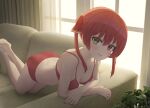  1girl all_fours arm_rest bangs barefoot blush bra breasts couch curtains eyebrows_visible_through_hair feet_up grin heterochromia highres hololive houshou_marine living_room long_hair looking_at_viewer medium_breasts on_couch panties plant red_bra red_eyes red_hair red_nails red_panties smile solo twintails underwear underwear_only virtual_youtuber window yellow_eyes yihsien 