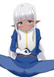  2022 blue_bottomwear blue_clothing blue_eyes blue_topwear bottomwear clothed clothing elf eyebrows eyelashes front_view gloves grey_hair hair handwear hi_res humanoid humanoid_pointy_ears looking_at_viewer monochrome monotone_clothing monotone_handwear multicolored_clothing not_furry saki_(sakiatg) simple_background solo spread_legs spreading topwear white_background white_clothing white_gloves white_handwear yellow_clothing 