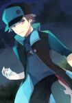  1boy alternate_color baseball_cap black_coat black_headwear black_pants brown_eyes brown_hair closed_mouth cloud coat commentary_request hat highres holding holding_poke_ball looking_at_viewer male_focus night norisukep outdoors pants poke_ball poke_ball_(basic) pokemon pokemon_(game) pokemon_masters_ex red_(pokemon) shirt sky sleeveless_coat sleeves_past_elbows smile solo 
