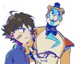  2boys animal_ears animal_robot bandaid bandaid_on_cheek bandaid_on_face bear_ears blue_shirt bow bowtie bracelet brown_hair five_nights_at_freddy&#039;s five_nights_at_freddy&#039;s:_security_breach freddy_fazbear fullbban_g glamrock_freddy gregory_(fnaf) hat jewelry mini_hat mini_top_hat multiple_boys robot shirt short_hair spiked_bracelet spikes top_hat 