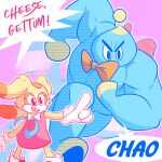  1:1 anthro chao_(sonic) cheese_the_chao clothing cream_the_rabbit digital_media_(artwork) duo english_text female fizzyjay gloves handwear hi_res humor lagomorph leporid male mammal muscular muscular_male rabbit sega simple_background sonic_the_hedgehog_(series) text young 