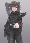  1girl absurdres ammunition_pouch arms_behind_head blue_eyes brown_hair bulletproof_vest d-sawa613 gun h&amp;k_mp5 handgun highres midriff optical_sight pistol pouch short_hair submachine_gun weapon 