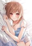  1girl bangs bare_arms bed blue_camisole blush breasts brown_hair camisole cleavage collarbone dutch_angle eyebrows_visible_through_hair frilled_camisole frilled_shorts frills highres looking_at_viewer lying morning on_side original pov red_eyes short_shorts shorts sidelocks smile solo thighs white_shorts zattape 
