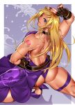  1girl belt biceps black_gloves blonde_hair bowalia breasts brown_belt fatal_fury fighting_stance fingerless_gloves garou:_mark_of_the_wolves gloves high_heels highres jenet_behrn jolly_roger muscular muscular_female obliques signature snk the_king_of_fighters the_king_of_fighters_xv thick_thighs thighs toned 