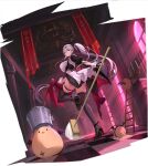  1girl artist_request azur_lane black_footwear black_gloves black_hair blue_eyes breasts broom bucket fingerless_gloves from_behind gloves hair_ribbon high_heels highres holding holding_broom indoors ladder large_breasts long_hair looking_at_viewer looking_back maid manjuu_(azur_lane) nail_polish official_alternate_costume official_art ponytail ribbon skindentation thigh_strap thighhighs thueringen_(azur_lane) thueringen_(tidying_in_the_moonlight)_(azur_lane) transparent_background very_long_hair white_hair 