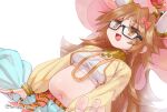  1girl baggy_pants bandeau bangs blue_pants blush bow breasts brown_eyes brown_hair cropped_shirt elephant_hat fat fate/grand_order fate_(series) ganesha_(fate) glasses hair_bow indian_clothes jewelry jinako_carigiri large_breasts long_hair long_sleeves messy_hair navel neck_ring open_clothes open_mouth open_shirt pants plump sash shirt smile solo torichamaru yellow_shirt 