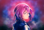  1boy blurry blurry_background chromatic_aberration ciconia_no_naku_koro_ni cloud expressionless from_behind glowing highres hinamikan jayden_(ciconia) looking_at_viewer looking_back purple_eyes purple_hair shirt sky striped striped_shirt upper_body vest 