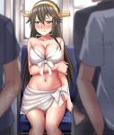  1girl absurdres bikini black_hair blush breasts brown_eyes embarrassed hair_ornament hairband hairclip haruna_(kancolle) haruna_kai_ni_(kancolle) headgear highres kantai_collection large_breasts long_hair navel nose_blush official_alternate_costume sarong solo_focus swimsuit train_interior white_bikini white_sarong zanntetu 