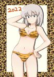  1girl 2022 animal_print arm_behind_head arm_up bangs bikini blue_eyes border breasts chinese_zodiac cleavage closed_mouth commentary_request cowboy_shot eyebrows_visible_through_hair frown gam girls_und_panzer grey_hair groin halterneck hand_on_hip highres itsumi_erika looking_at_viewer medium_breasts medium_hair navel new_year orange_bikini outside_border partial_commentary print_bikini solo swimsuit tiger_print tiger_stripes year_of_the_tiger 