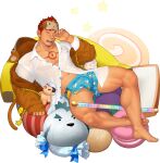 1boy abs alternate_costume ass_visible_through_thighs bara bare_pectorals bernard_(gyee) candy chest_tattoo collared_shirt doll eye_mask food grancy_(gyee) gyee half-closed_eyes highres hood hooded_vest hoodie itto_(mentaiko) kong_(gyee) looking_at_viewer lying male_focus male_underwear male_underwear_lift manly mature_male muscular muscular_male official_art on_back one_eye_covered open_mouth orange_eyes pajamas pectorals pillow red_hair see-through see-through_skirt shirt skirt sleepy solo spiked_hair staff star_(symbol) sticker stuffed_animal stuffed_toy tattoo teeth thick_eyebrows thick_thighs thighs tongue transparent_background underwear vest yan_(gyee) zipper 