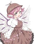  1girl animal_ears bird_ears bird_wings blush brown_dress brown_headwear dress eyebrows_visible_through_hair fingernails grey_eyes juliet_sleeves long_fingernails long_sleeves mystia_lorelei nail_polish open_mouth pink_hair puffy_sleeves purple_nails s-a-murai sharp_fingernails short_hair simple_background smile solo touhou upper_body white_background white_wings winged_hat wings 