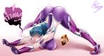  1girl ass bangs bare_shoulders blue_hair blush bodysuit breasts curvy elbow_gloves eyebrows_visible_through_hair fishnets flexible full_body gloves hands_on_ground highres igawa_asagi jack-o&#039;_challenge kung_fu_longlang large_breasts long_hair meme ninja purple_bodysuit skin_tight solo spread_legs stretch taimanin_(series) taimanin_asagi top-down_bottom-up white_background wide_spread_legs 