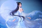  1girl absurdres back black_hair black_hyair chinese_clothes dress earrings expressionless facial_mark forehead_mark hair_bun hair_ornament highres jewelry long_hair looking_back lu_xueqi_(zhu_xian) moon moon_reflection mucifei_wan reflection upper_body water white_dress zhu_xian 