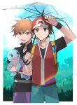  2boys :d backpack bag bangs baseball_cap black_shirt black_wristband blue_oak border brown_eyes brown_hair closed_mouth collared_shirt day green_pants hat highres holding holding_pokemon holding_umbrella jacket jewelry male_focus multiple_boys necklace norisukep open_mouth outdoors pants pokemon pokemon_(creature) pokemon_(game) pokemon_frlg purple_pants rainbow red_(pokemon) red_headwear red_jacket shirt short_hair sleeveless sleeveless_jacket smile spiked_hair squirtle symbol-only_commentary t-shirt tongue transparent transparent_umbrella umbrella vs_seeker white_border yellow_bag 