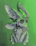  2022 4:5 4_ears aaron_(avali) arukon avali avian chest_tuft feathers green_background green_body green_eyes green_feathers grey_body grey_feathers grey_inner_ear grey_inner_ear_fluff grey_sclera hi_res inner_ear_fluff looking_at_viewer male multi_ear simple_background smile solo tuft 