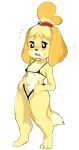  0nikakushi 4_fingers animal_crossing anthro barefoot bikini blush breasts camel_toe canid canine canis clothed clothing digital_media_(artwork) domestic_dog feet female fingers fur hair hi_res isabelle_(animal_crossing) mammal navel nintendo open_mouth shih_tzu simple_background skimpy small_breasts solo standing swimwear toes tongue toy_dog video_games yellow_body yellow_fur 