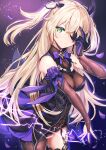  1girl bare_shoulders black_legwear blonde_hair bodystocking breasts bridal_gauntlets dress elbow_gloves eyepatch fischl_(genshin_impact) garter_straps genshin_impact gloves green_eyes gu_luco hair_ornament hair_over_one_eye hair_ribbon hand_up highres long_hair looking_at_viewer medium_breasts petals ribbon single_glove single_thighhigh smile solo thighhighs thighs two_side_up 
