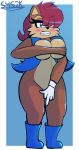  5_fingers absurd_res annoyed anthro archie_comics big_breasts black_nose blue_clothing blue_eyes blush boots breast_squish breasts brown_body brown_fur chipmunk clenched_teeth clothing conditional_dnp covering covering_breasts covering_crotch covering_self digital_drawing_(artwork) digital_media_(artwork) drawing eyebrows eyelashes female female_focus fingers fluffy footwear fur gesture gloves ground_squirrel hair handwear hi_res mammal middle_finger mostly_nude one_glove red_hair rodent sally_acorn sciurid sega sharp_teeth solo solo_focus sonic_the_hedgehog_(archie) sonic_the_hedgehog_(comics) sonic_the_hedgehog_(series) squish superhypersonic2000_(artist) teeth thick_thighs topwear vest wide_hips 