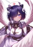  1girl absurdres alternate_costume azur_lane blush bob_cut breasts classic_(zildjian33) cleavage commentary_request detached_sleeves enmaided feathers gloves hair_ornament hat highres jervis_(azur_lane) looking_at_viewer maid medium_breasts nurse_cap purple_eyes purple_hair ribbon simple_background white_background wings 