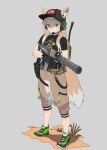  1girl absurdres ammunition_pouch animal_ears backpack bag fox_ears fox_tail gloves green_eyes gun h&amp;k_mp7 handgun hat headset highres norwegian_flag optical_sight original pistol pouch shoes sneakers submachine_gun tac239 tail tex_(3red_dot) weapon 