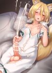  1girl animal_ear_fluff animal_ears bar_censor blonde_hair blush breasts censored closed_eyes collarbone cum cum_on_body cum_on_breasts cum_on_clothes cum_on_hair cum_on_self ejaculation erection fox_ears fox_girl fox_tail futanari futanari_masturbation hair_between_eyes highres kudamaki_tsukasa large_penis lying masturbation nipple_tweak nipples on_back open_mouth penis projectile_cum romper shiratsuki_shiori short_hair short_sleeves small_breasts solo tail testicles touhou veins veiny_penis white_romper 