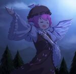  1girl animal_ears bird_ears bird_wings brown_dress brown_headwear closed_eyes dress eyebrows_visible_through_hair fingernails frilled_sleeves frills highres long_fingernails long_sleeves mystia_lorelei nail_polish naru12 open_mouth pink_hair purple_nails sharp_fingernails short_hair solo touhou white_wings wide_sleeves winged_hat wings 