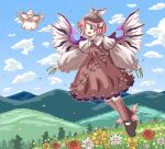  2girls animal_ears bird_ears bird_wings black_footwear blonde_hair blush brown_dress brown_headwear brown_legwear dress earrings eyebrows_visible_through_hair fairy fairy_wings fingernails flower frilled_sleeves frills green_nails highres jewelry juliet_sleeves kiroguramu kneehighs lily_white long_fingernails long_hair long_sleeves multiple_girls mystia_lorelei nail_polish open_mouth outstretched_arms pink_eyes pink_hair puffy_sleeves red_flower sharp_fingernails shoes short_hair single_earring smile spread_arms touhou white_dress white_flower white_headwear white_wings winged_hat wings yellow_flower 