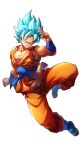  1boy absurdres arm_up belt blue_belt blue_eyes blue_footwear blue_hair closed_mouth dougi dragon_ball dragon_ball_z full_body highres looking_at_viewer male_focus muscular muscular_male pectoral_cleavage pectorals short_hair simple_background sireia_round smile solo son_goku spiked_hair super_saiyan super_saiyan_blue white_background 