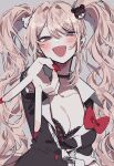  1girl 3j_dangan :d bangs bear_hair_ornament black_bra black_choker black_shirt blonde_hair blush bow bra breasts choker cleavage collarbone danganronpa:_trigger_happy_havoc danganronpa_(series) enoshima_junko eyebrows_visible_through_hair foreshortening grey_background grey_eyes hair_ornament highres large_breasts long_hair nail_polish open_mouth red_bow red_nails shirt simple_background smile solo twintails underwear upper_body v 