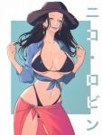  1girl absurdres bikini black_hair blue_eyes breasts collarbone contrapposto earrings hat highleg highleg_bikini highres jewelry large_breasts long_hair nico_robin one_piece opalisart open_mouth solo stomach swimsuit 