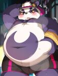  2022 alp_(tas) anthro belly big_belly black_nose blush bodily_fluids bulge clothing giant_panda hat headgear headwear hi_res japanese_text kemono lifewonders male mammal moobs musk navel nipples overweight overweight_male purple_body rokacake solo sweat text tokyo_afterschool_summoners underwear ursid video_games white_body 