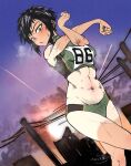  1girl abs black_hair breasts brown_eyes dutch_angle fox_udon groin highres looking_at_viewer medium_breasts navel open_mouth original purple_sky short_hair sketch solo stretch sunset sweatdrop tan tanlines track_uniform utility_pole 